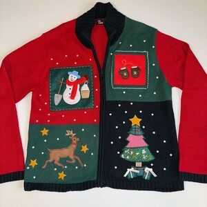 Vintage 1990s Ms Lee Christmas Sweater M Full Zip Patchwork Holiday Cardigan
